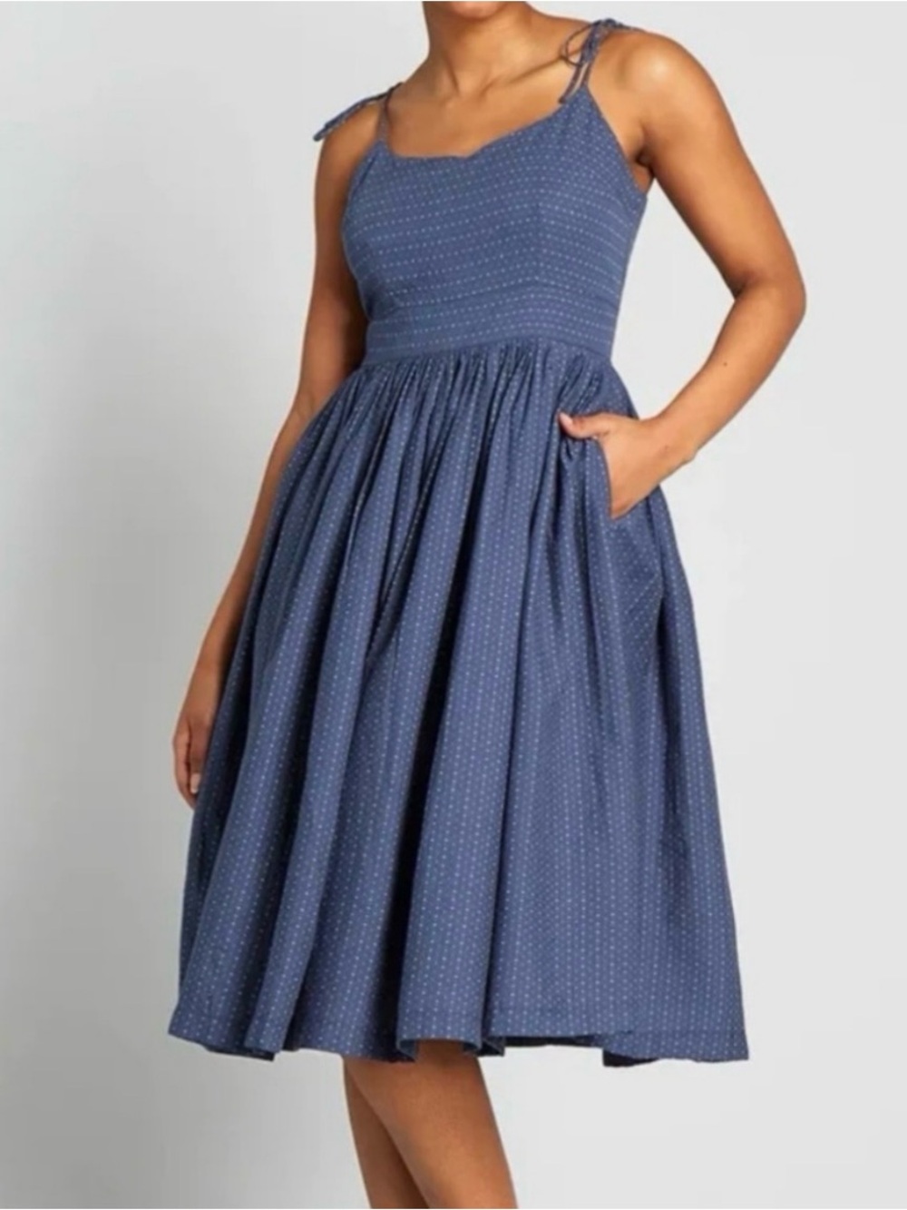 Modcloth Shoulder Tie Dress Size 10 Midi Sundress Blue Dots Retro Rockabilly NWT